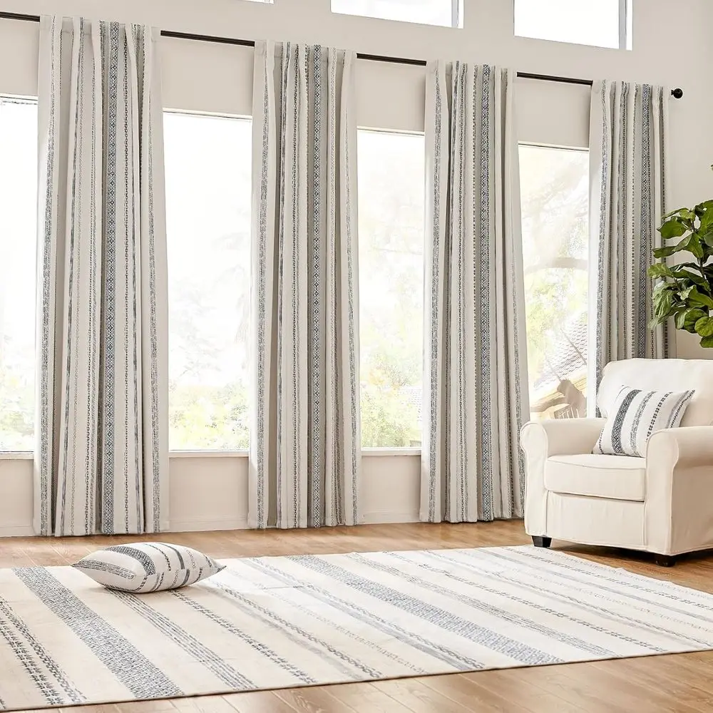 ผ้าม่านกันแสงแบบโบโฮ 90 ผืน พร้อมลายเรขาคณิตสีเบจสำหรับห้องนอน ชุด 2 แผง