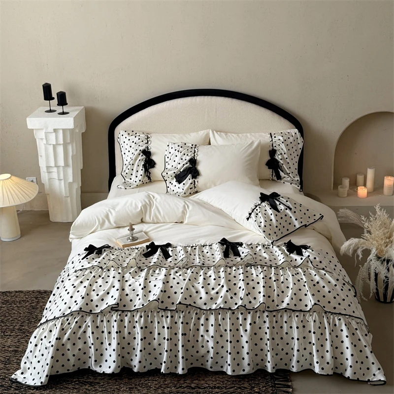 Three-layer Polka Dot Ruffles Bow Bedding Set 1000TC Egyptian Cotton Brushed Duvet Cover Flat/Fitted Bed Sheet Pillowcases 4Pcs