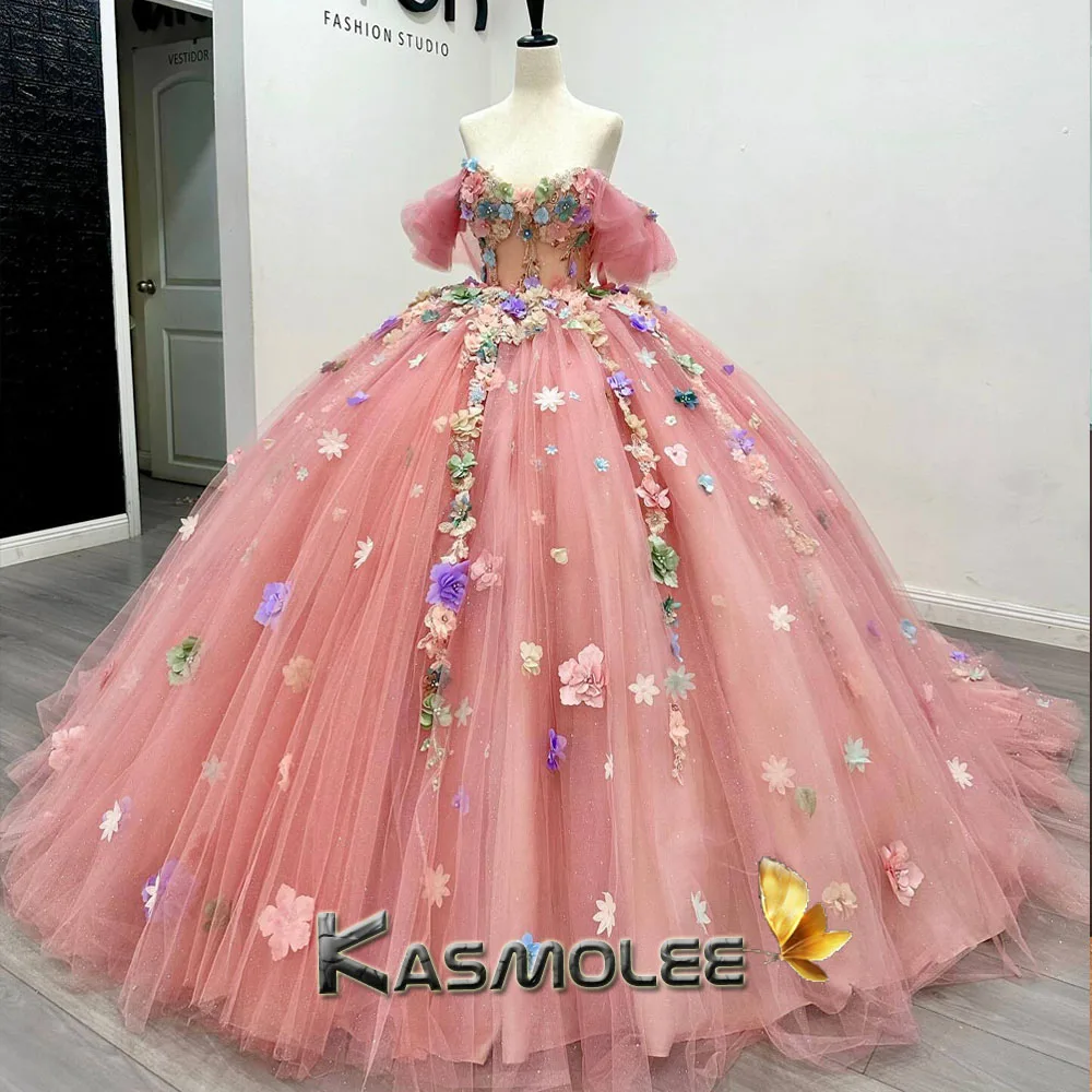 Kasmolee Pastrol Ball Gown Quinceanera Dresses 15 Ans Tulle 3D flowers Corset Lace Appliques Floor Length Vestidos De Customized