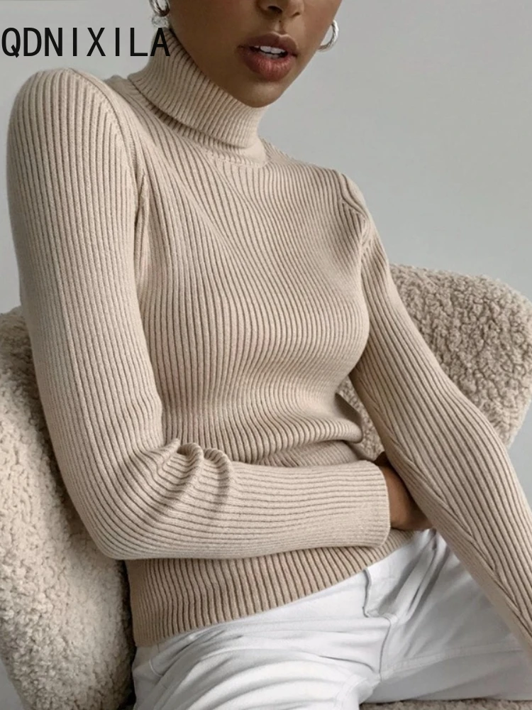 

Women‘s Turtleneck Sweaters Autumn Winter Solid Rib Knitted Sweater Women Jumper 2023 Soft Slim Fit Thin Black Pullover Tops