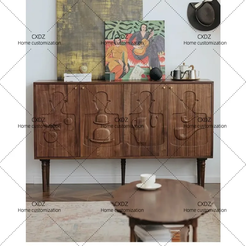 X Household porch cabinet Large capacity retro storage locker Black walnut solid wood relief cabinet