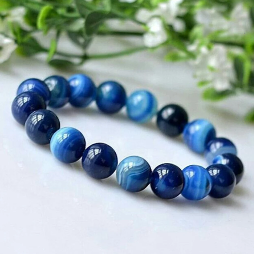 Blue Striped Agate Beads Stretch Bracelet Charm Fashion Jewelry Energy Balance Spirit Bangle for Men and Women