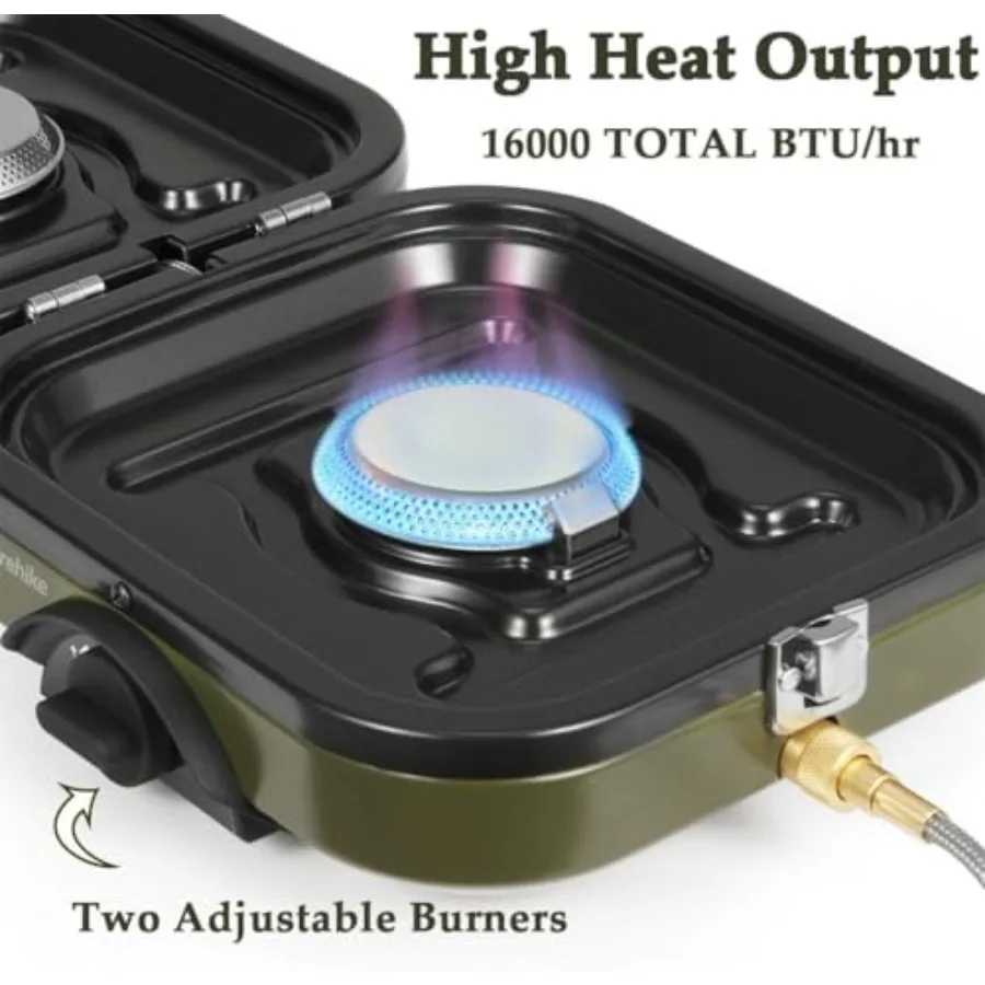 موقد غاز 2 في 1 للتخييم مع شعلات قابلة للتعديل ومقلاة حديدية 88.18 أونصة نظام طهي محمول مع مقبض حمل مثالي لـ