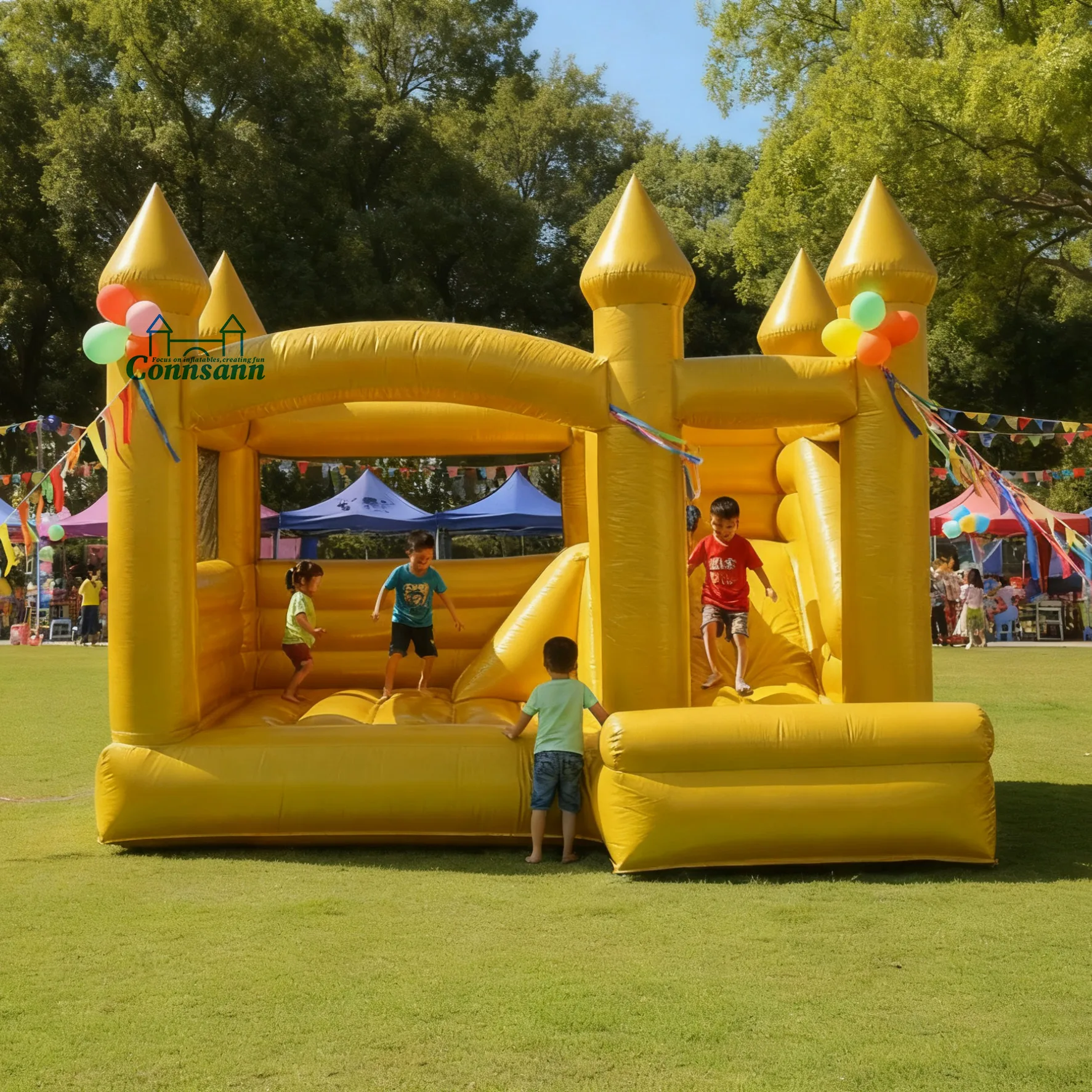 4.5M Golden Bounce House with Slide  Exciting Combo of Jumping Fun & Sliding Adventure for Kids - Ultimate Backyard Play Zone