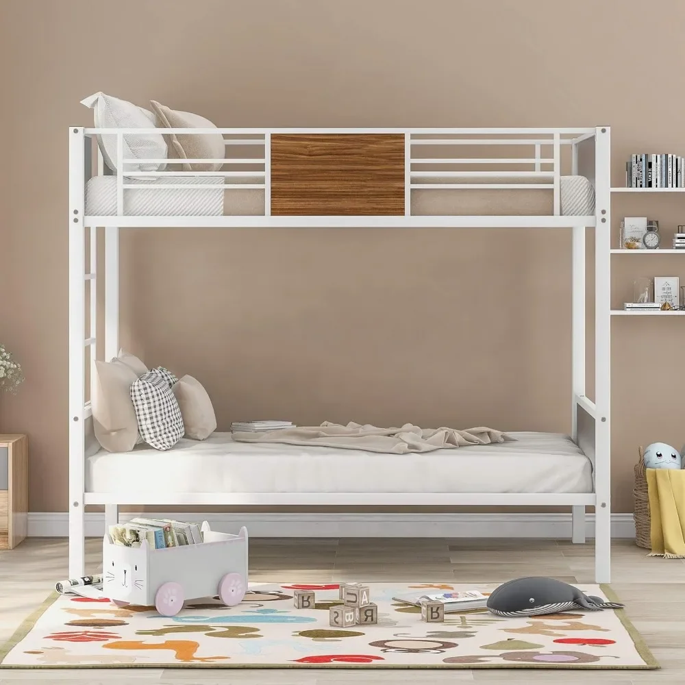 Modern Twin-Over-Twin Bunk Bed, Steel Bunk Bed Frame with Safety Rail, Built-in Ladder. Suitable for Bedrooms, Dormitories