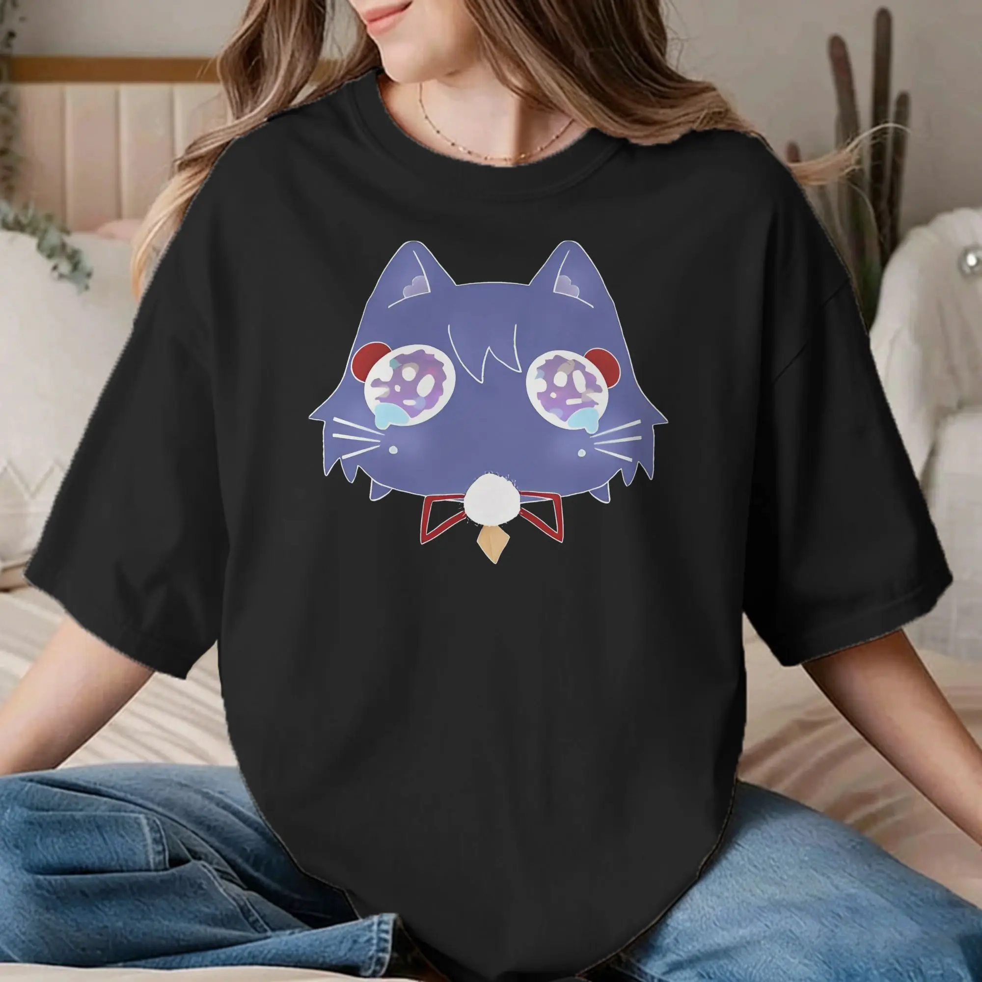 Unique Scarameow Wanderer cat T-Shirts for Men Women Crewneck Cotton T Shirts Genshin Impact Short Sleeve Tees Party Tops