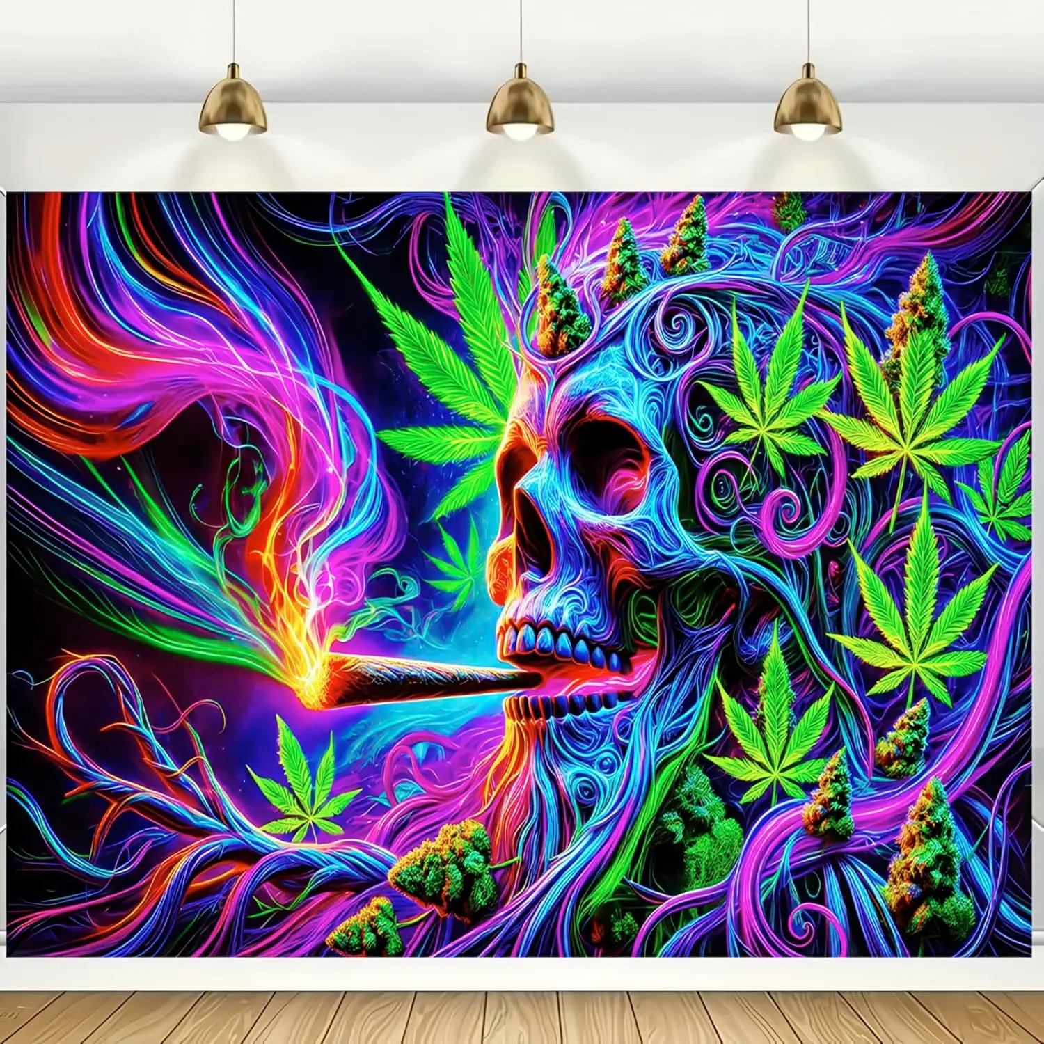 Psychedelic Skull Tapestry - Trippy Smoking Skeleton Wall Art, Colorful Leaf Decor, Boho Room Bedroom, Multiple Sizes
