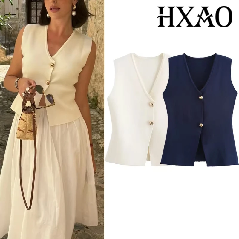 

HXAO Tops Women 2024 Summer Autumn Elegant Knitted Tank Vest Top Ladies Fashion Casual White Black Short Sleeveless Vest Tops
