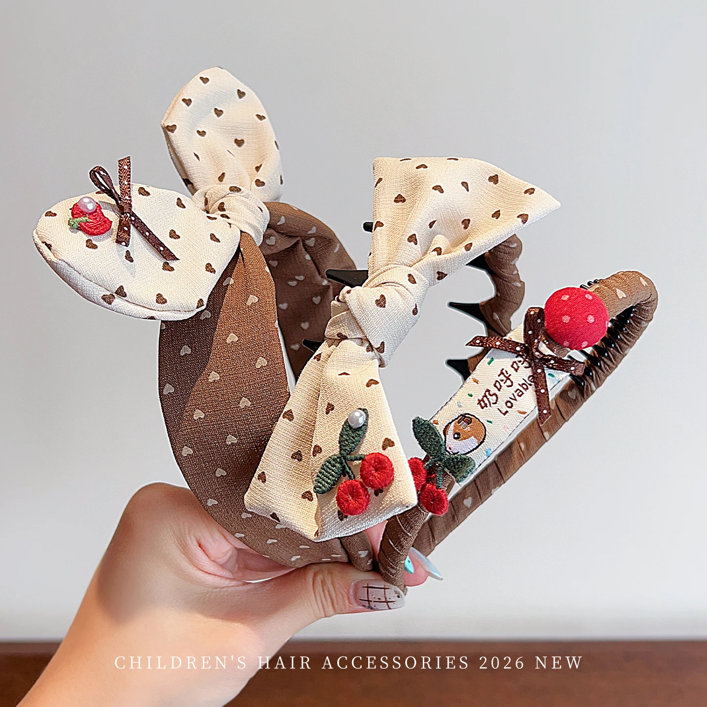 2026 Neues Herbst-Winter-Haarband für Mädchen und Kinder mit Kirschherz-Print, Stoffschleife, Haarband für Kleinkinder, Kinder-Haarband-Accessoire – Detail 5