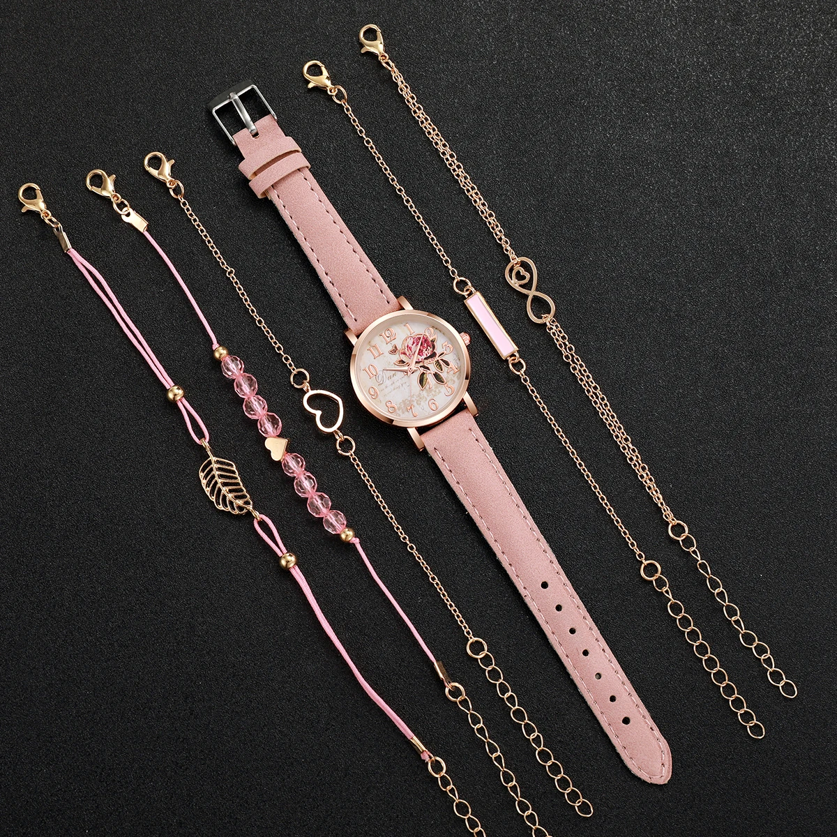 6pcs/set Women Fashion PU Leather Band Rose Dial Quartz Watch with Pink Bracelet Set (Box not included)
