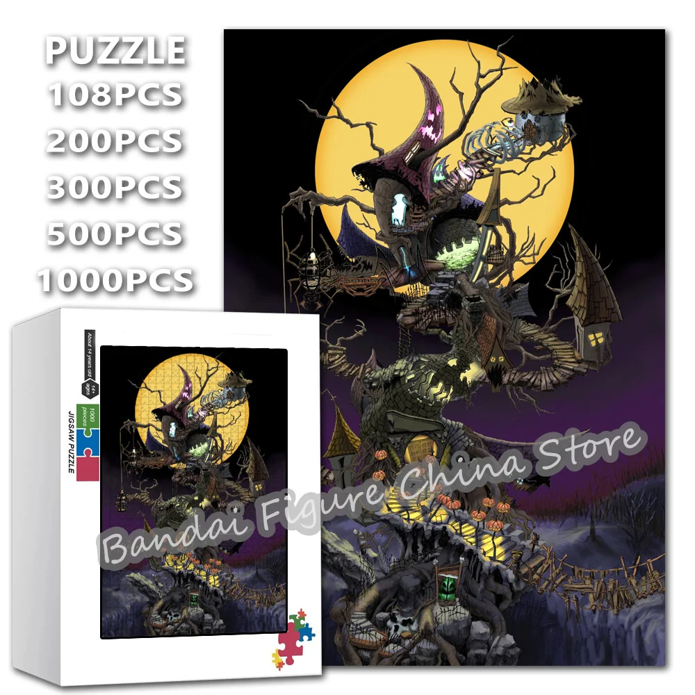 

Halloween Town Cartoon Landscape Puzzle Ghost Pumpkin Print 108/200/300/500/1000 Pieces Jigsaw Puzzles for Adult Toys Gifts