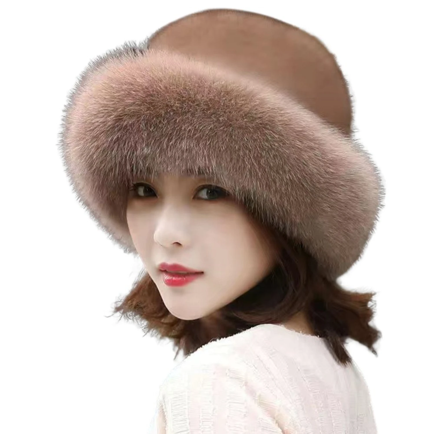 Women Winter Hat Fluffy Thickened Ear Protection Russian Faux Fur Headband Streetwear, Dark Khaki