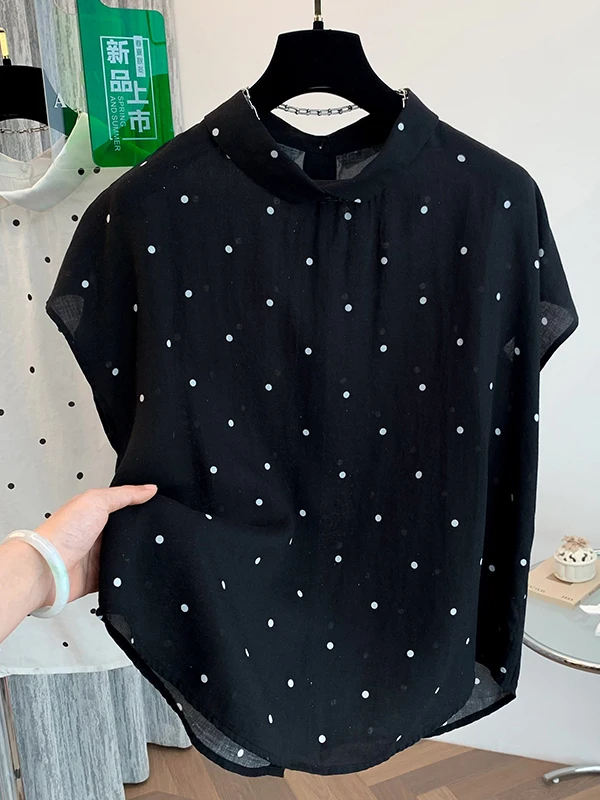 

High-End Polka Dot Short Sleeve Loose Women's Shirt Artistic Style Slimming Versatile Top for plus Size Ladies