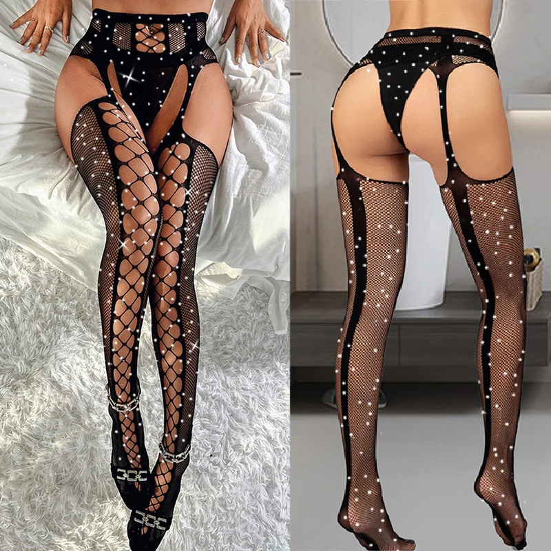 Sexy Pantyhose Female Erotic Fishnet Thin Stockings Tight Mesh Rhinestone Crotchless Women\'s Garter Stockings Men\'s Mesh Open