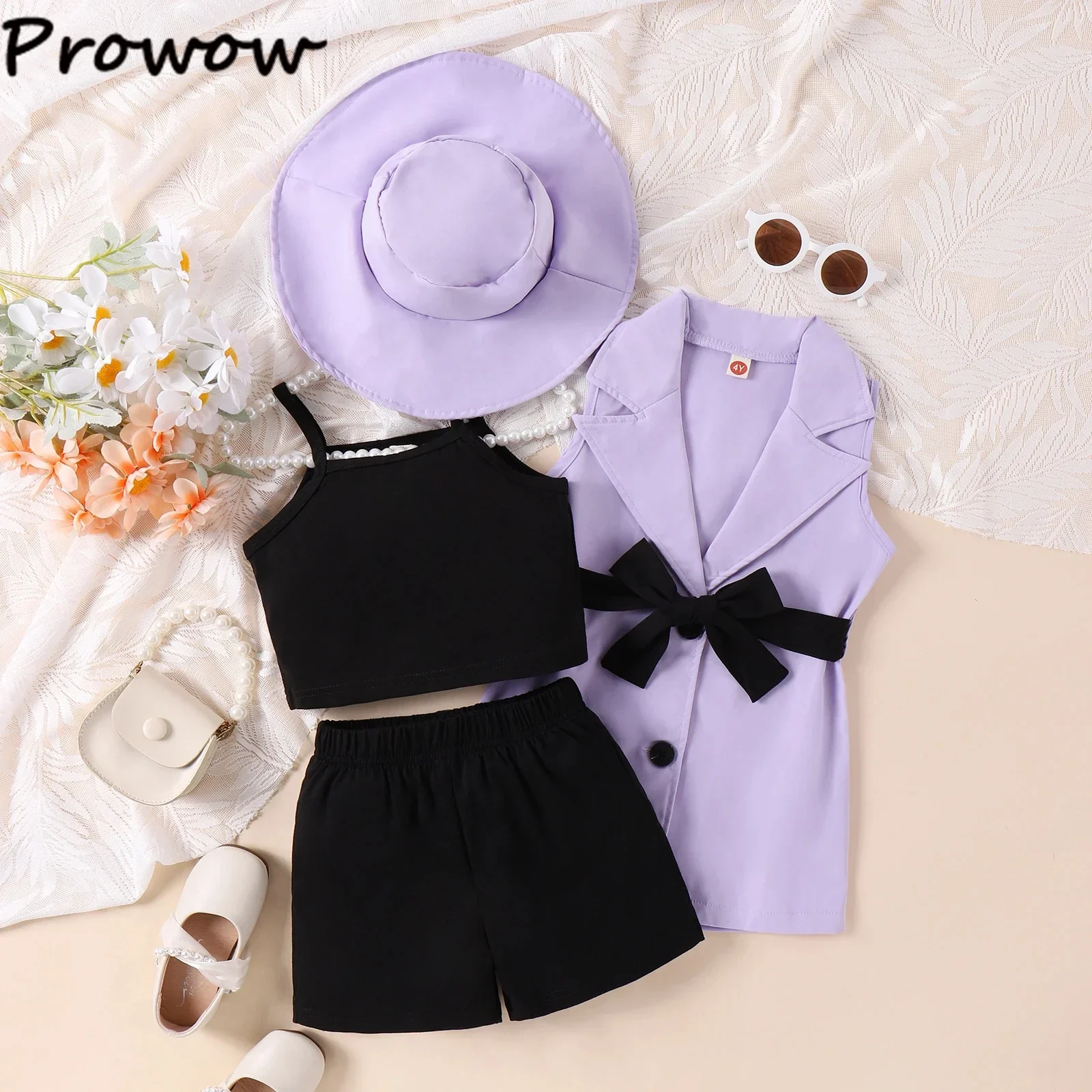 Clearance Cheap Clothes Children's Clothing Girls Suit Sets Belted Lapel Blazer Coat+Camisole+Black Shorts+Hat 5pcs Summer Suit