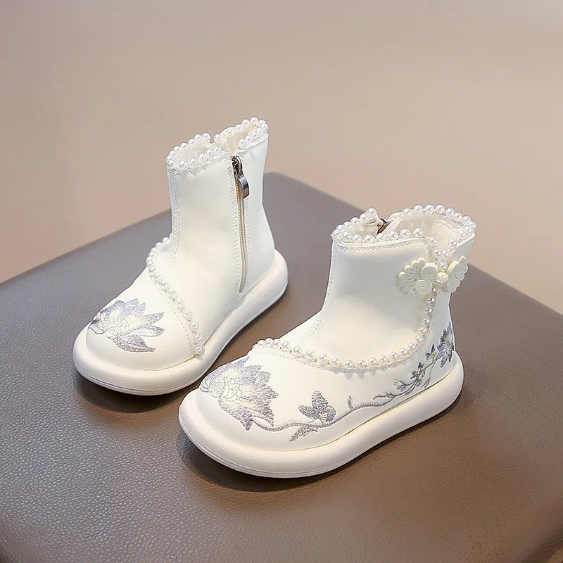 Kids Ankle Boots Hanfu Chinese Style Girls Princess Boots Sweet Beading 2025 Autumn Winter Children Short Boots Embroidered Soft