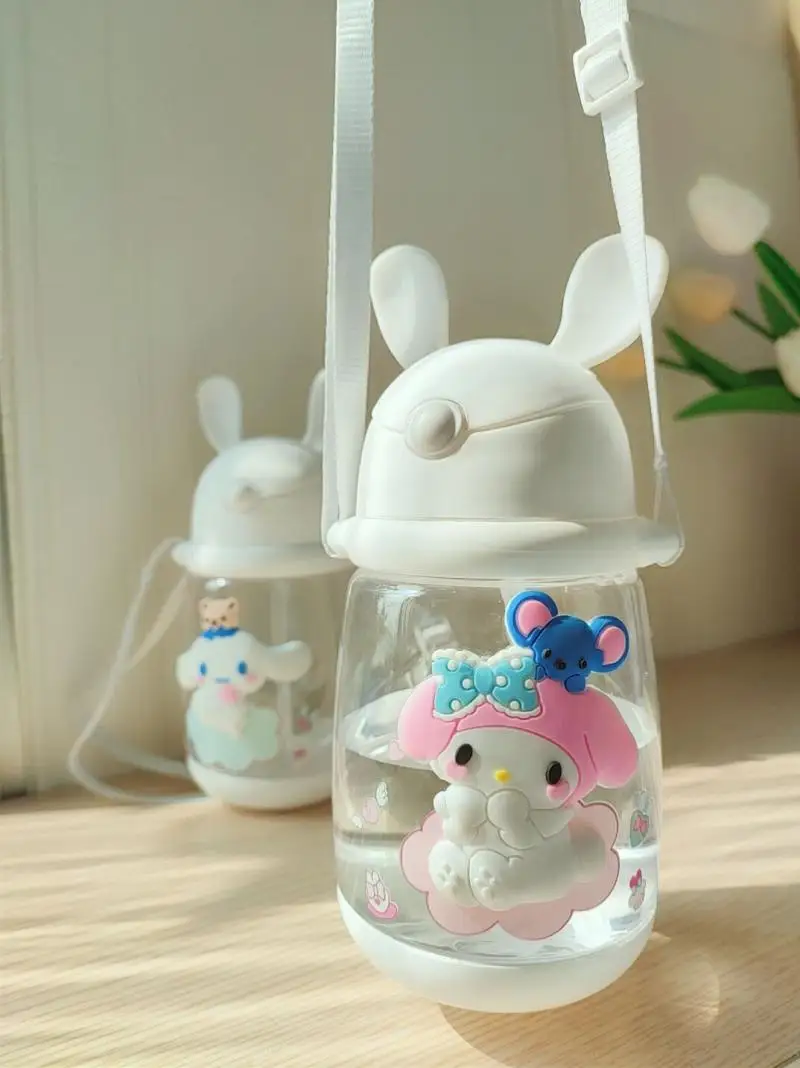 500Ml Sanrios Kawaii Cartoon Cinnamoroll My Melody Cute Rabbit Children's Water Cup Plastic Straw Big Belly Cup Girls