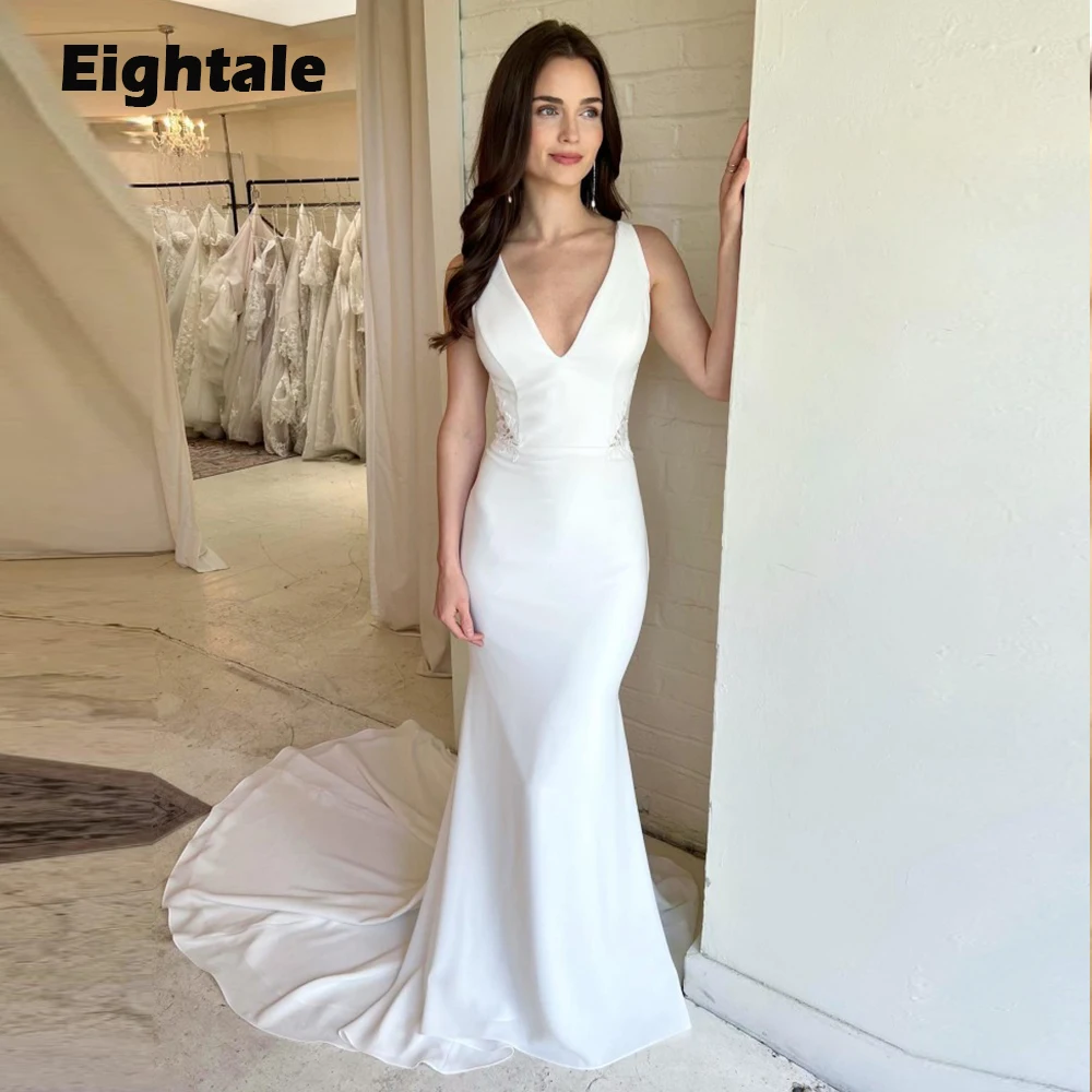 

Eightale Boho Wedding Dresses Mermaid Satin Stretchy Court Train V-Neck White Ivory Custom Made Bridal Gowns Vestido De Novia