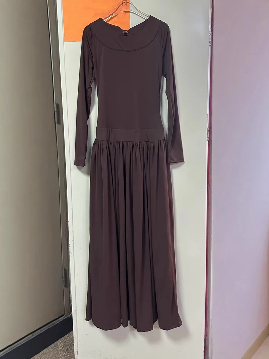 VGH-Vestido largo con encaje empalmado y espalda descubierta para mujer, vestidos de noche plisados con temperamento de cintura alta y manga larga con cuello redondo, novedad