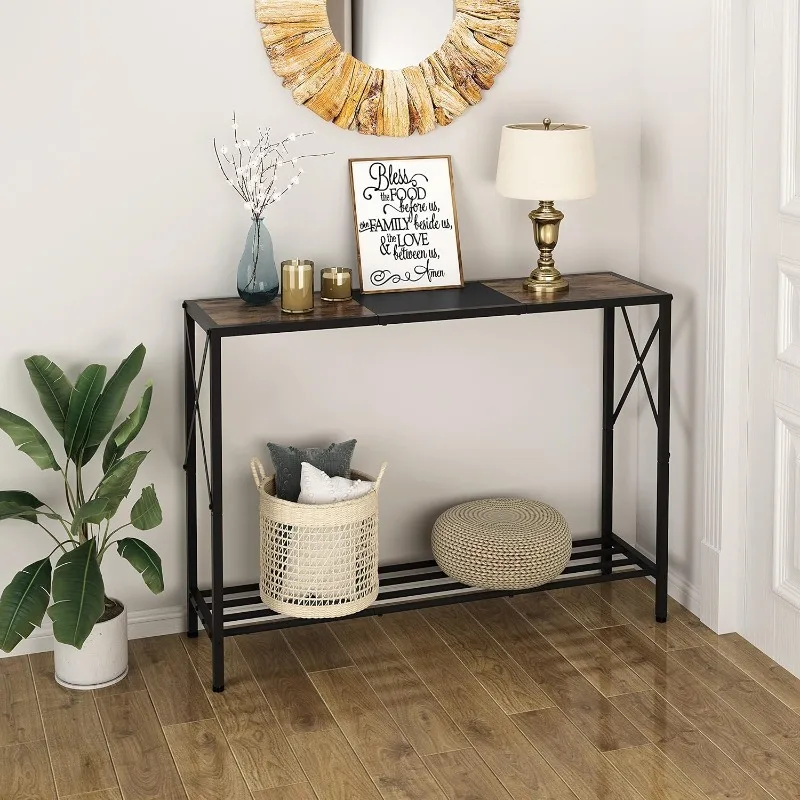 2025  Console Table, 2-Tier Industrial Entryway Table Hallway, Living Room, Foyer, Corridor, Office, Rustic Brown and Black