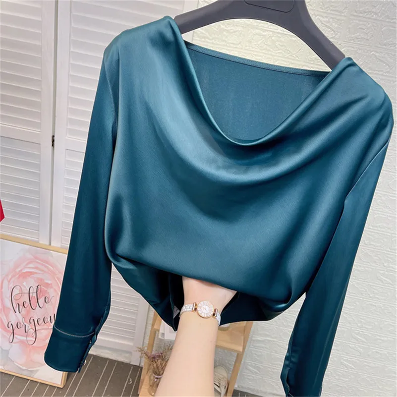 Female Fashion Clothing 2024 Spring Women Soild Satin Long Sleeves T-shirts Loose Casual Swinging Collar Clothing Elegant Blouse