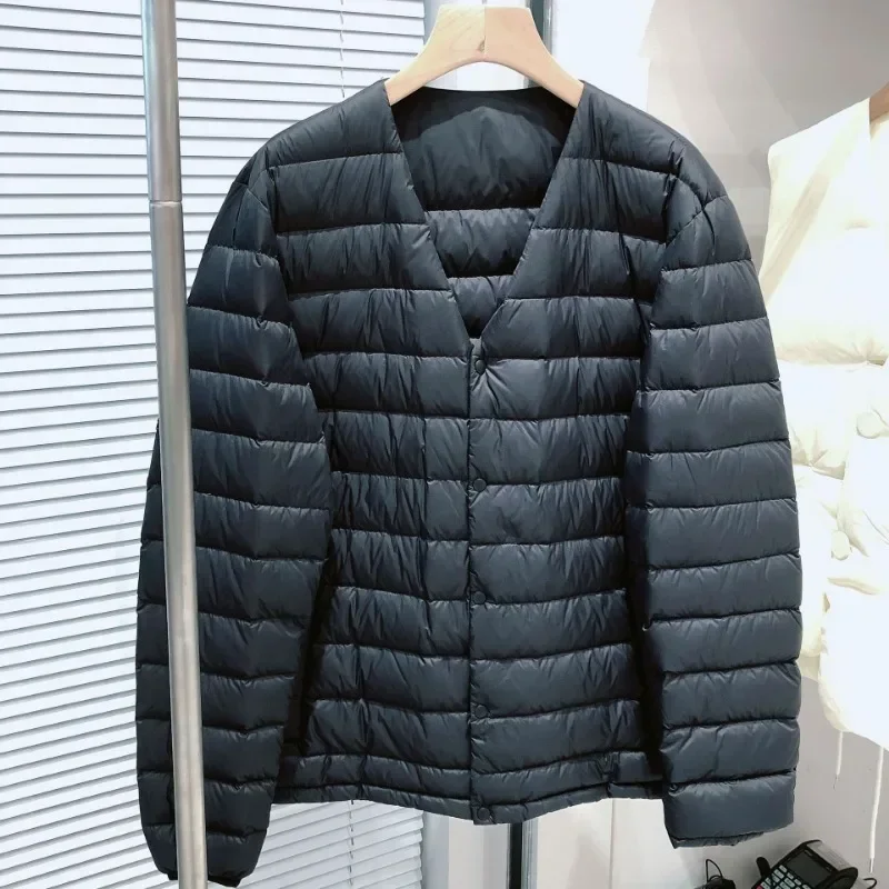 Chaquetas acolchadas con forro y cuello en V Variable para hombre, 90% plumón de pato blanco, abrigo ligero y plegable para mantener el calor, otoño