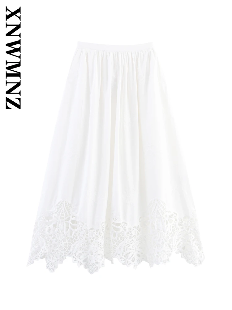 

XNWMNZ 2025 Summer New Women Clothing Chic Casual embroidery midi A-lineskirt Fashion Sexy Lady White Simple Hollow Out Skirt