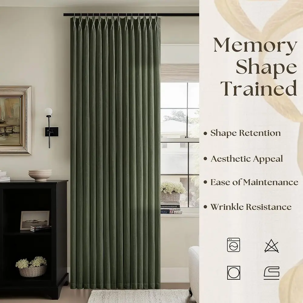 84 Tende plissettate in lino verde cacciatore con ganci, semitrasparente per soggiorno e sala da pranzo