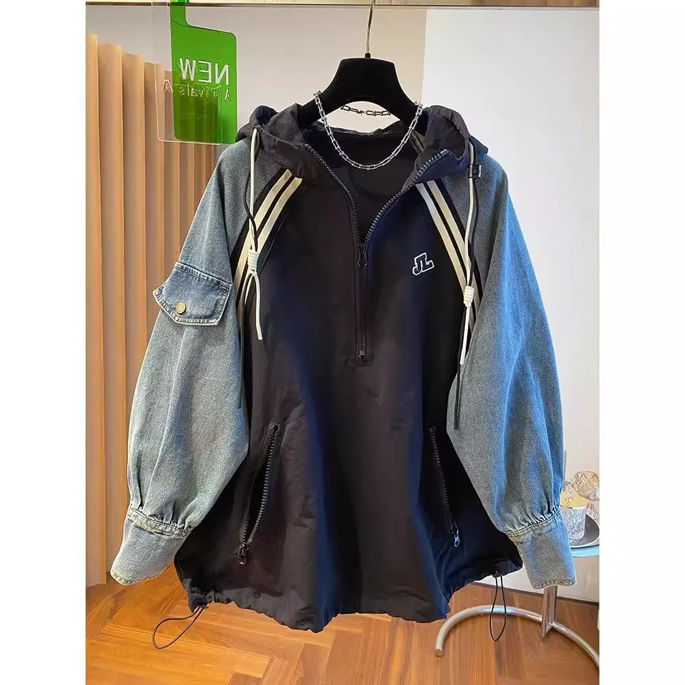 

Толстовка с капюшоном размера плюс 300 Pou American Sle и застежкой-молнией для осеннего и зимнего утягивающего джинсового топа