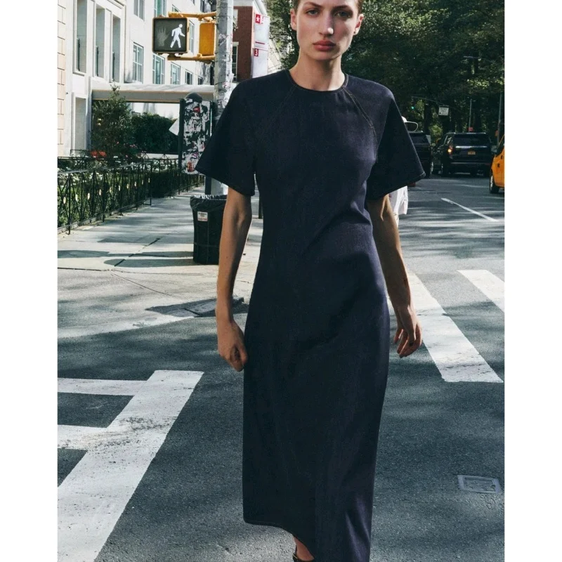 Vestido Jeans Longo F de Verão, Gola Redonda, Manga Curta, Corte em A, Acintu, em Camadas, Estilo Casual, Versão X...