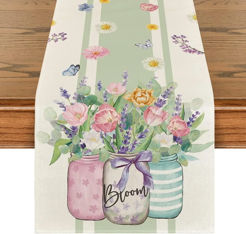 

Spring Floral Table Runner Watercolor Mason Jar Flower Butterfly Sage Green Striped Table Decor for Kitchen Dining Room Home