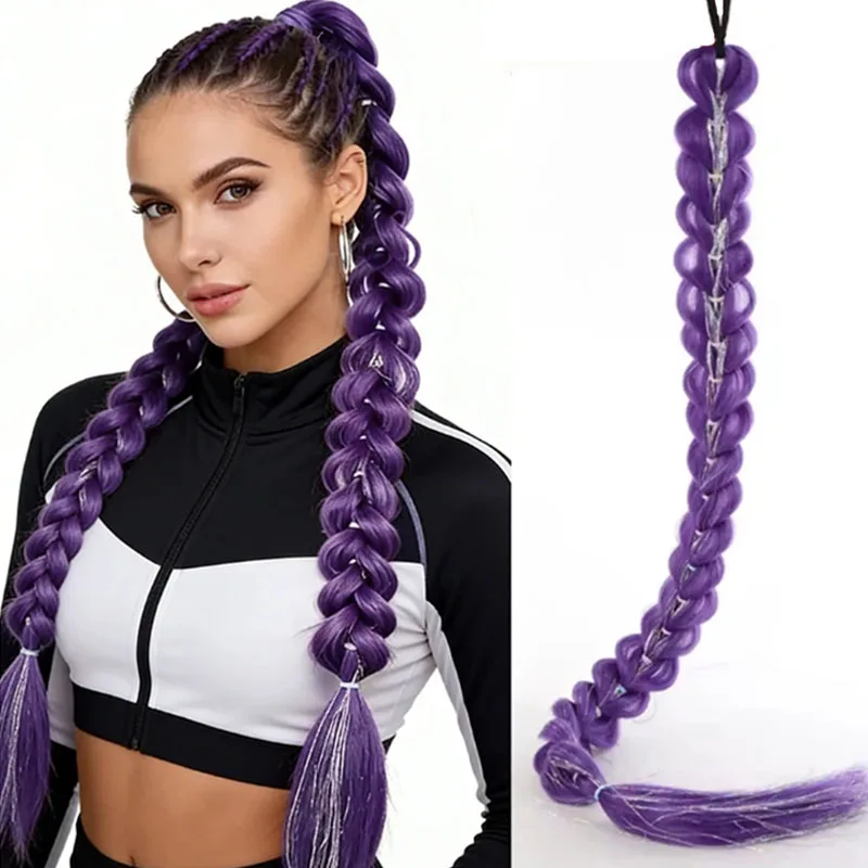 32Inch Synthetic Braids Purple Hair Ponytail  Wig Purple Silver Thread Braid Wig for Women cosplay party Halloween Gifts