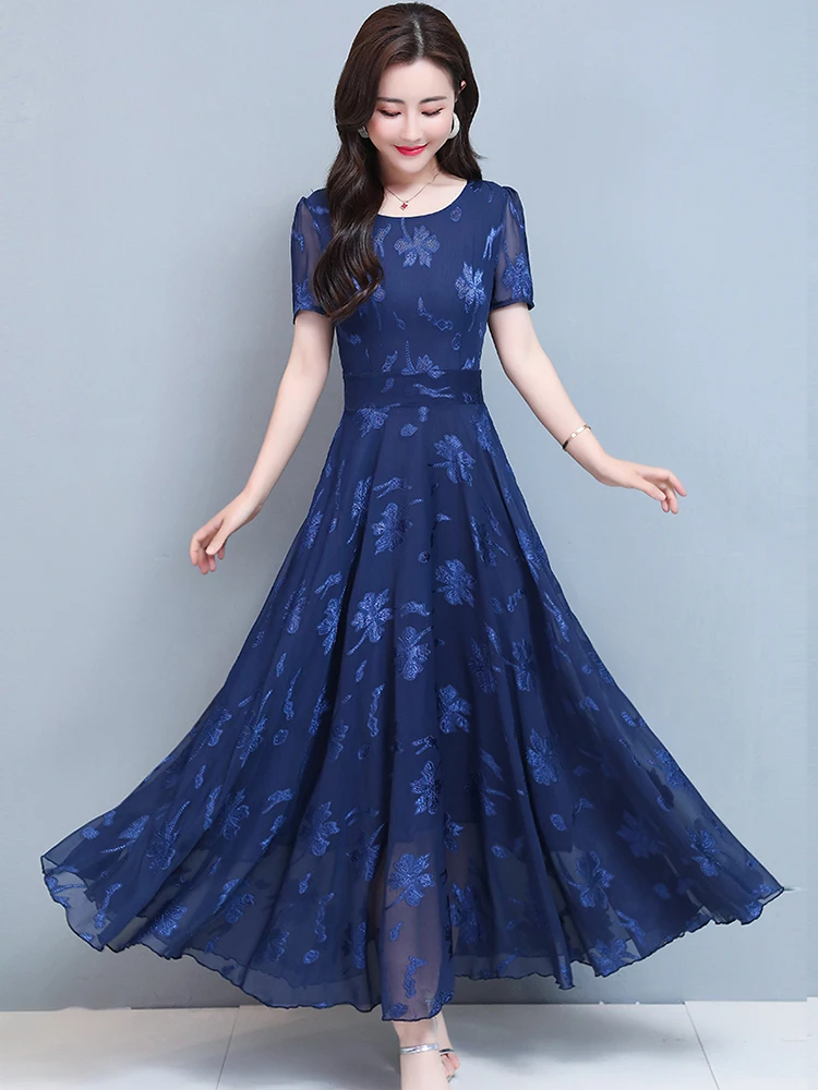 Vintage Blue Clothes For Women 2023 Maxi Dress Chiffon Floral Party Elegant Boho Summer Korean Fashion Long Chic Evening Dresses