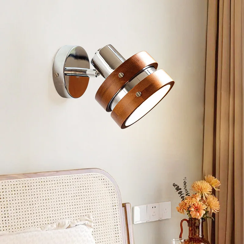 

Bedroom bedside bar small wall lamp Japanese style silent wind retro solid wood walnut color wall lighting