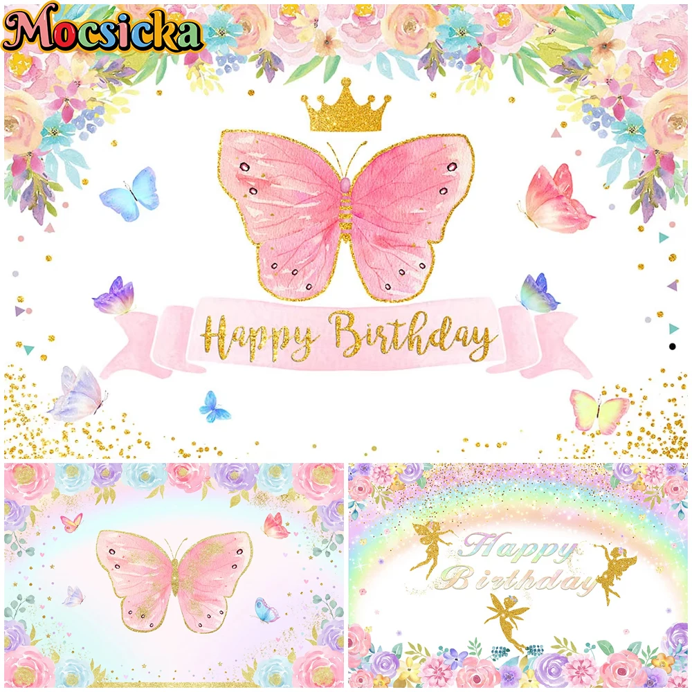 Mocsicka Butterfly Photography Background Flower Princess Girl Maternity Dresses Photoshoot Happy Birthday Backdrop Decor Banner