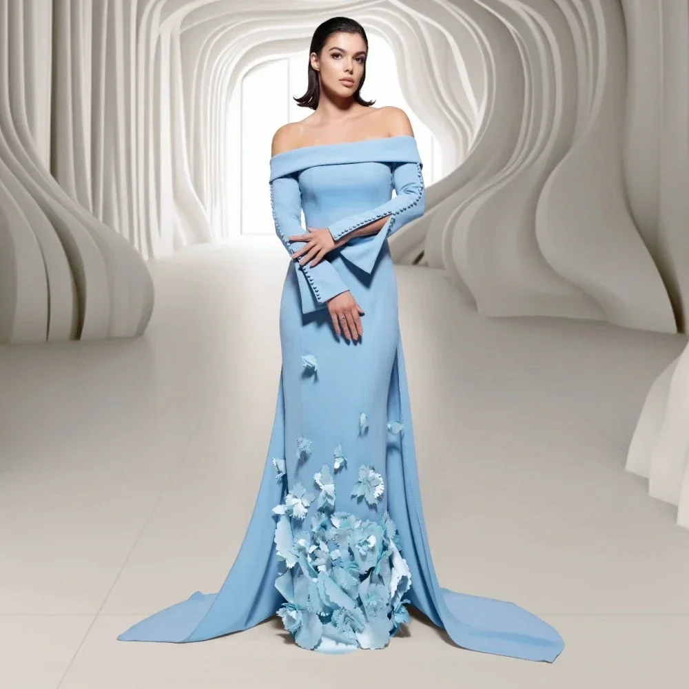 Customized Jiayigong Jersey Button Flower Clubbing A-line Off-the-shoulder Bespoke Occasion Gown Long Dresses Saudi Arabia