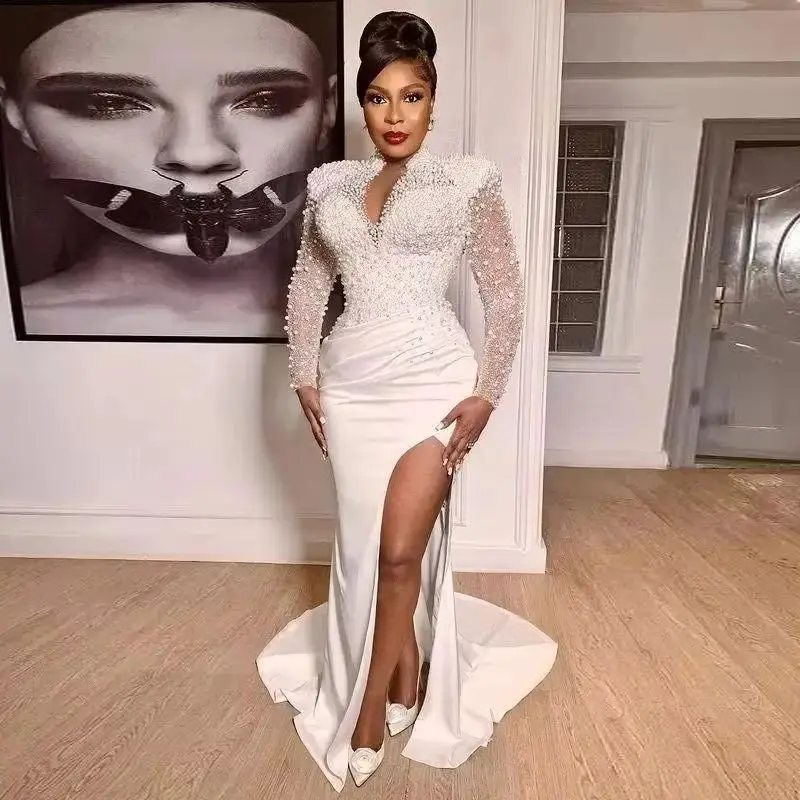 

Deep V Neck Long Sleeves Aso Ebi Prom Dresses Sexy High Split Party Gowns Pearls Beading Mermaid Evening Dresses
