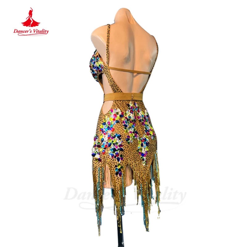 Latin Dance Competition Costume Art Exam Professional Performance Cha Cha Rumba Clothing Customsize Child Latin Fringe Dress