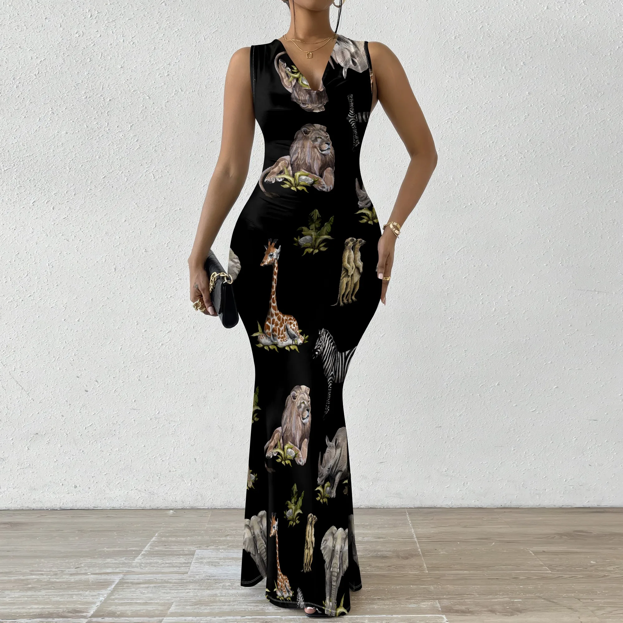 

Elegant Women's V-Neck Sleeveless Maxi Dress African Safari Print Formal Party Gown XS-2XL