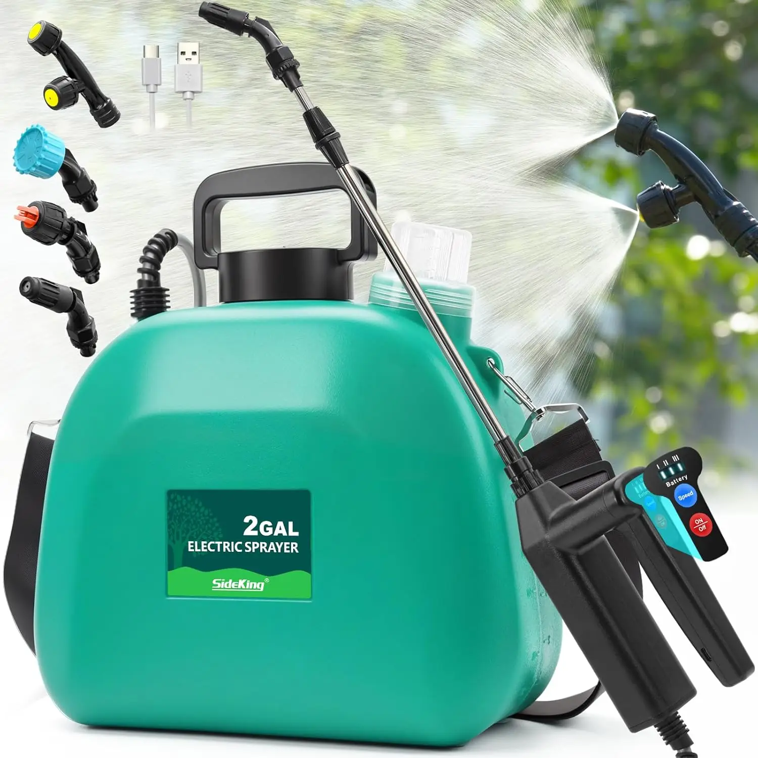 

Electric Weed Sprayer 2 Gallon, Rechargeable with 3 Spray Forces, Battery Indicator, Shoulder Strap for Lawn & Garden