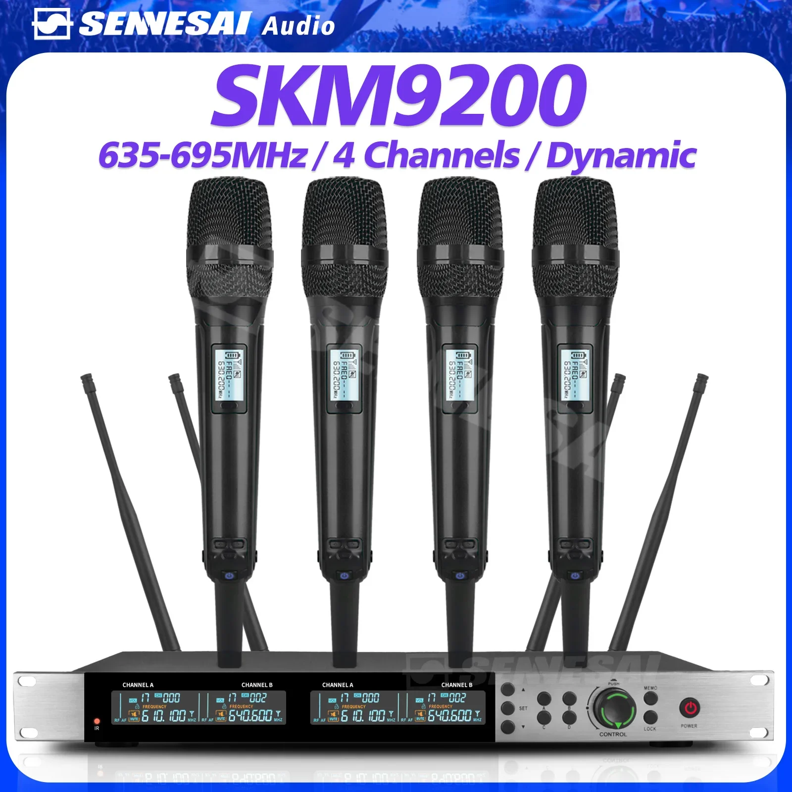 SKM9200/9000 Wireless Microphone (Whole Metal)  4 Channels UHF Professional Mic Dynamic Handheld For Party Karaoke Church Stage