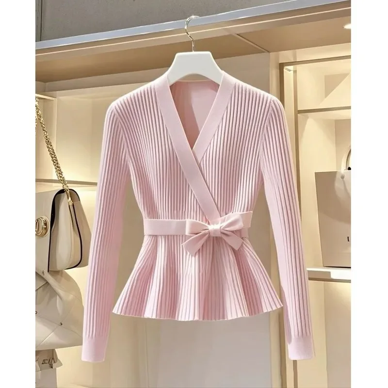 القوس محبوك سترة البلوز المرأة 2025 الخريف الشتاء مزاجه جديد الخامس الرقبة طويلة الأكمام تريكو معطف البلوز الإناث القمم W748 #6