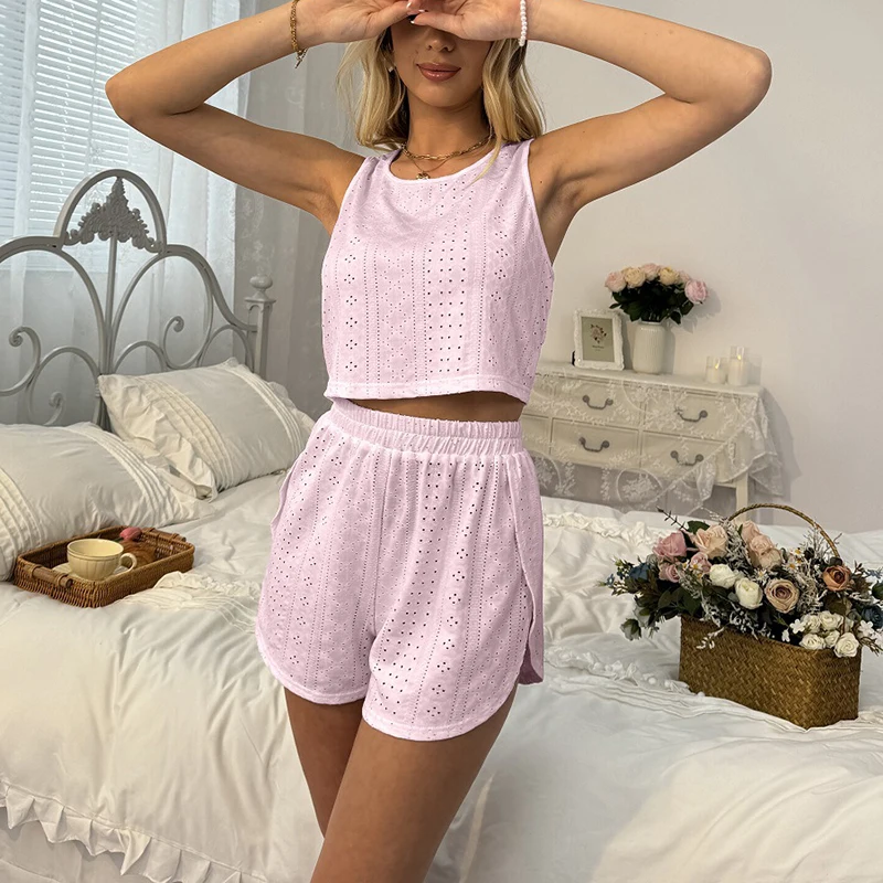 Women's Sleepwear Solid Sexy Casual Pajama Set Summer Sleepwear Crew Neck Sleeveless Loungewear Nightwear Lounge Sets Two Piece