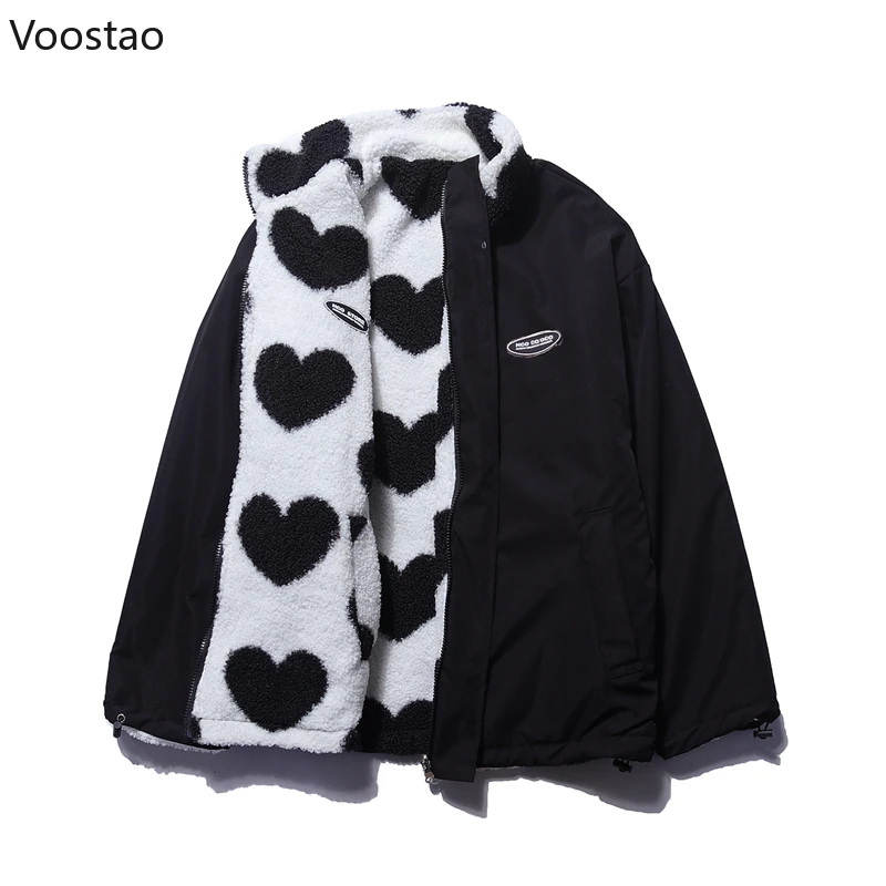 Gothic Harajuku Wear su entrambi i lati cappotti di lana di agnello con clic autunno inverno coreano sciolto cuore stampa giacche parka di coppia top