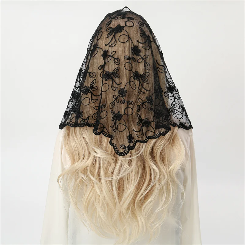 Fashion Church Shawl Lace Veil Polyester Scarf Bandana Church Prayer Wedding Mantilla Chapel White Embroidered Hijab Women Scarf