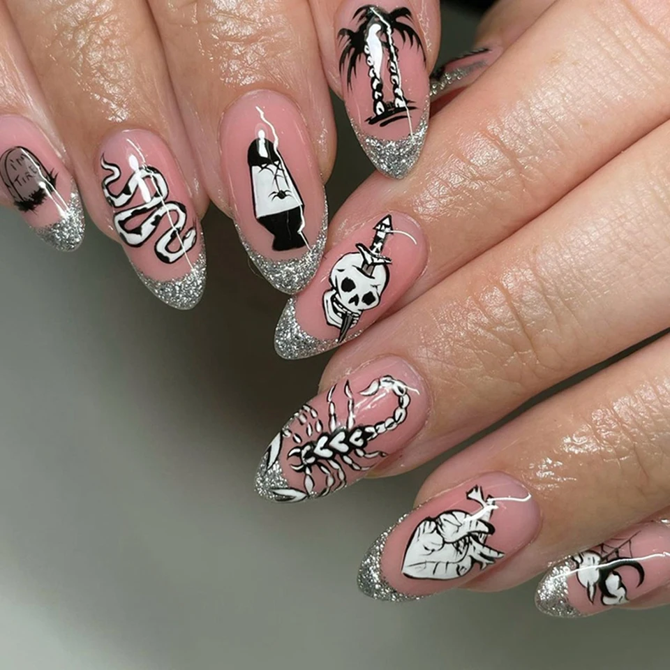 24 uñas postizas y2k diseño llama plateada uñas de presión acabadas modernas en forma de almendra para regalo de chicas 2