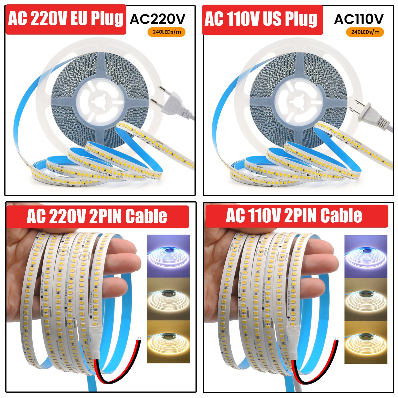 AC 220V 110V LEDストリップライト、US/EU/2ピンケーブル付き、240LEDs/M、IP44、自己粘着式フレキシブルリボンテープ、ホームデコレーションライト、5M、10M、20M