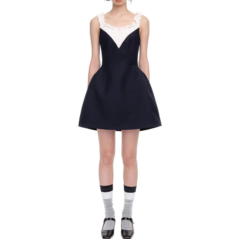 

High quality Korean fashion casual wooden ear edge patchwork strap dress y2k spring/summer new wool blend A-word mini skirt 2025