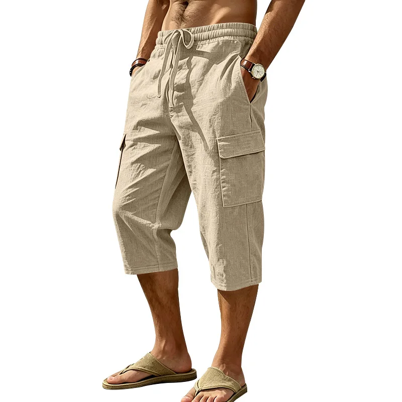 Europäische und amerikanische Sommer-Shorts aus Leinen für Herren, lässig, Outdoor, Arbeitskleidung, Pendler, Sport, Multi-Pocket, 7/8-Länge – Detail 26