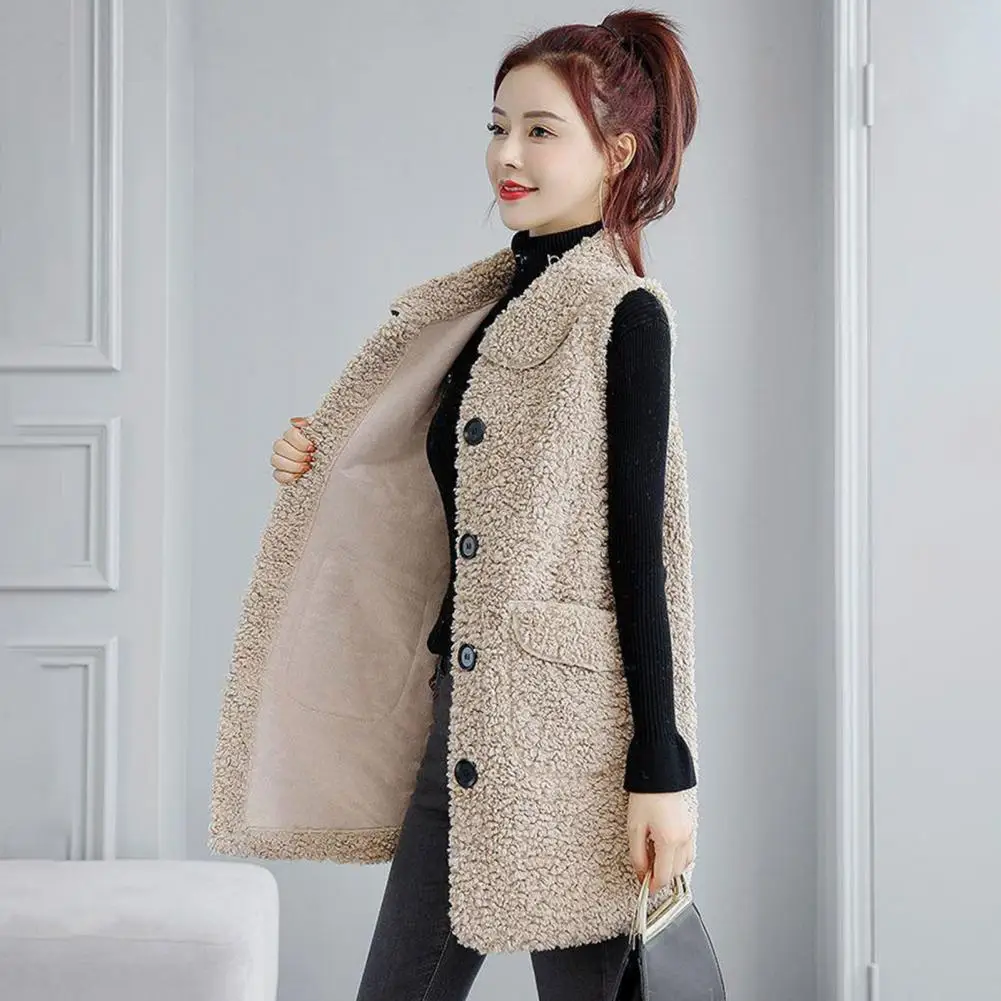 Winter Fleece Lady Weste mittellange einreihige Taschen Weste Mantel einfarbige Revers ärmellose Lady Jacke für den täglichen Gebrauch